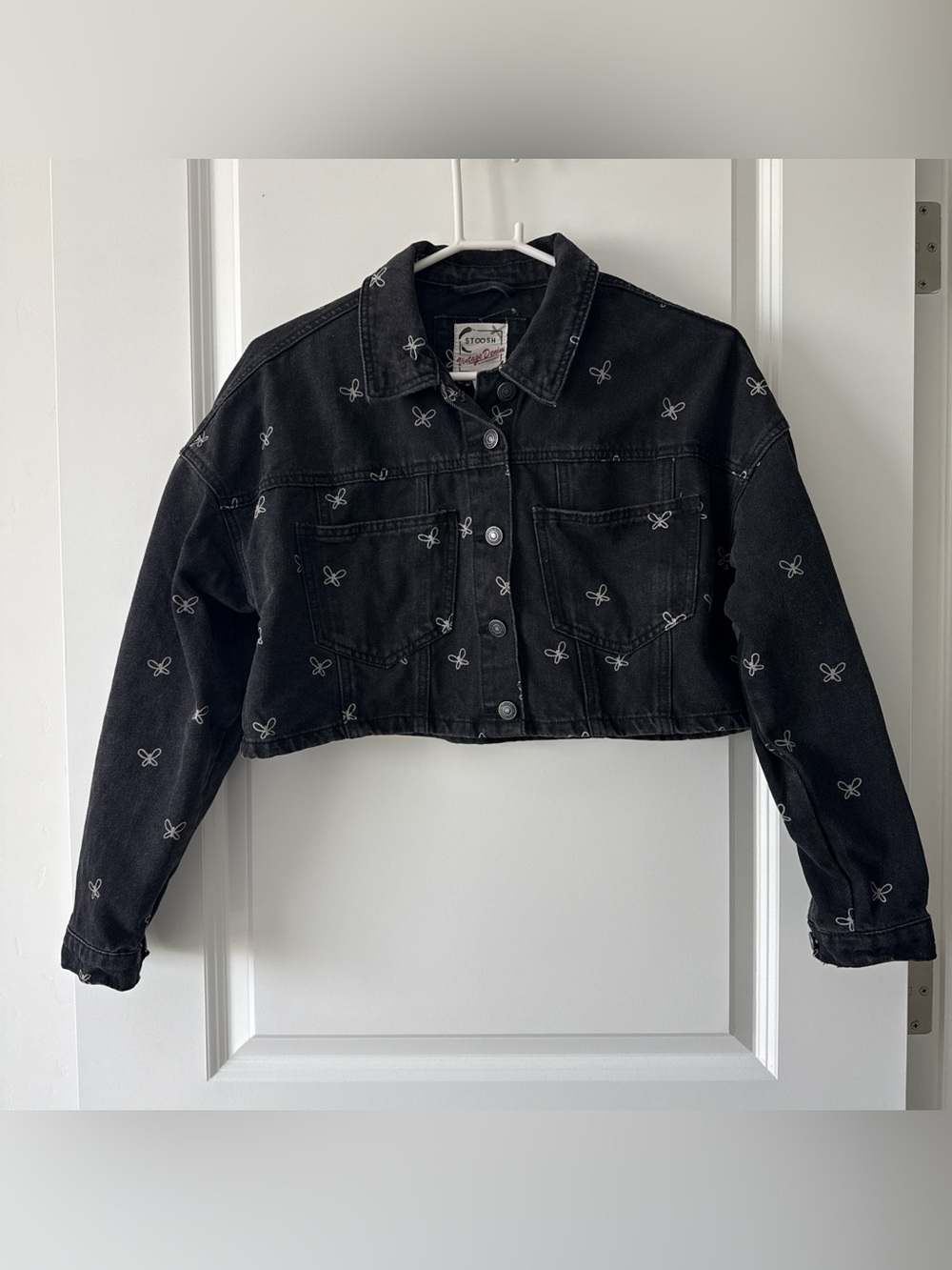 Stoosh Black Cropped Denim Jacket with White Embroidery